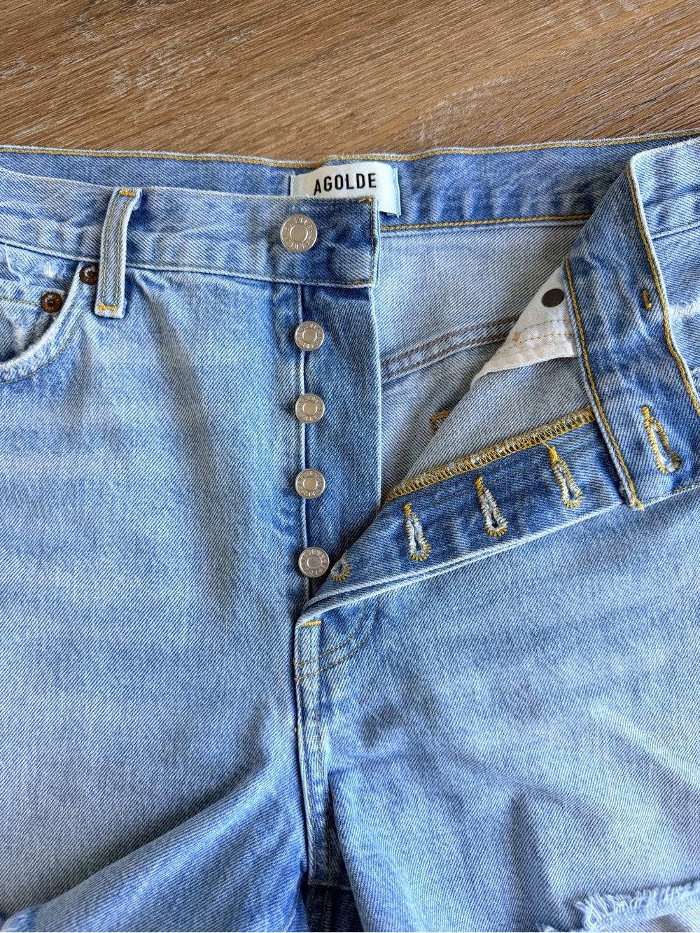 Agolde Parker Long Light Blue Distressed High-Rise Denim Shorts - Picture 8 of 9